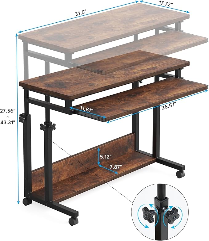 Tribesigns Portable Desk for Sofa and Bed, Height Adjustable Laptop Table Small Standing Desk Rolling Computer Cart with Keyboard Tray on Wheels for Home Office