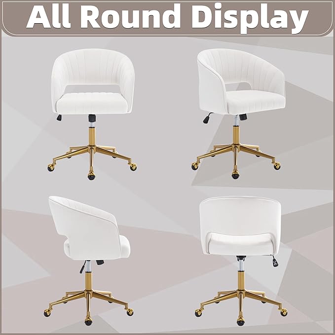 ABET Desk Chair with Wheels, Velvet Home Office Chair, Swivel Armchair Gold Base, Upholstered Modern Accent Chairs, Back Incline Adjustable for Living Room Bedroom Vanity, Off-White Cream