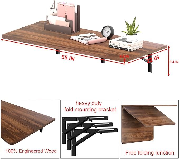 IAE 48" x 22" Floating Foldable Desk,Wall-Mounted Folding Computer Table with Engineered Wood,Study Table with Shelf Brackets,Fold Down Shelf,Fold Computer Desk for Small Spaces,Holds 500 lb,Brown