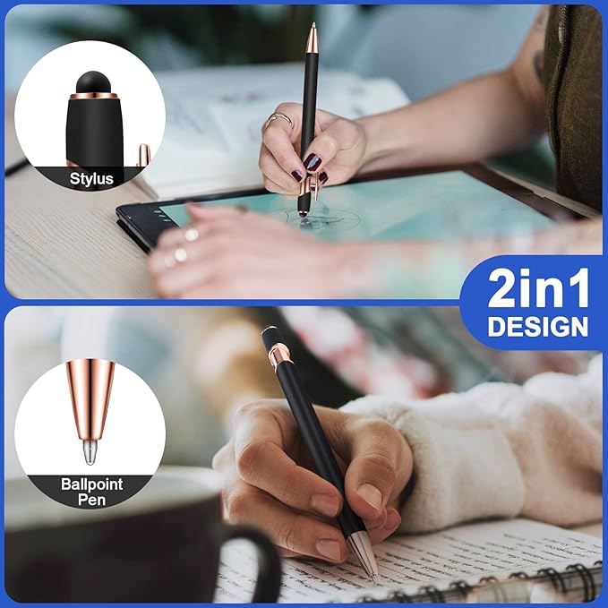 Tenare 12 Pieces 2 in 1 Stylus Metal Ballpoint Pen with Stylus Tip, 1.0 mm Black Ink Ballpoint Pen for Touch Screens(Black and Rose Gold)