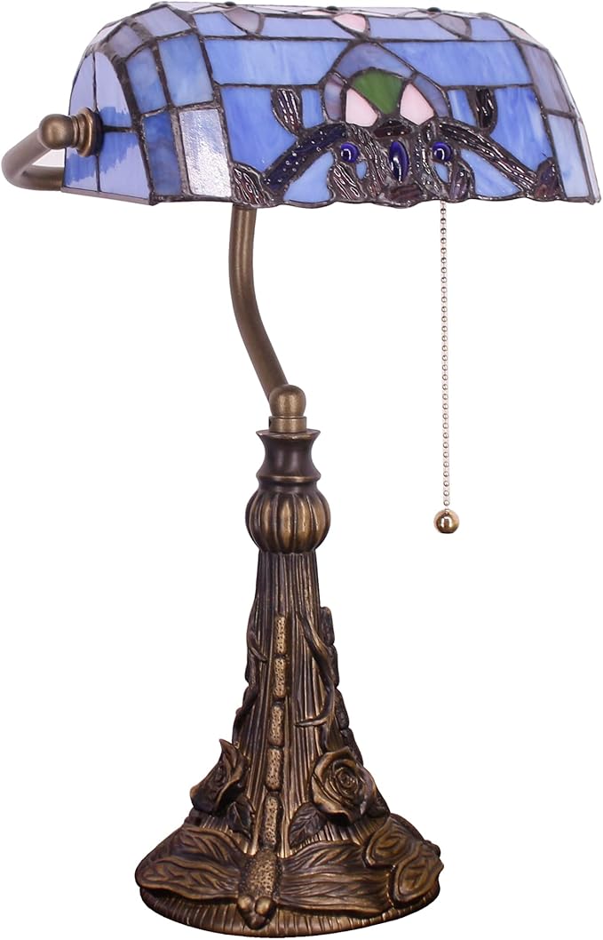 Tiffany Banker Lamp Small Stained Glass Table Lamp Tiffany Style Piano Light Blue Baroque Style Desk Lamp Angle Adjustable 10.6X15.7 Inch for Home Office Living Room Bedroom