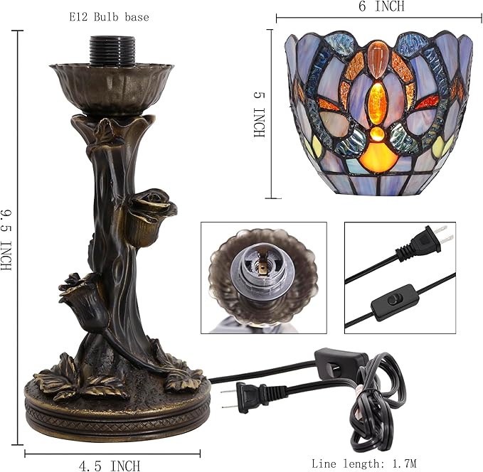 Small Tiffany Lamp Mini Stained Glass Table Lamp Blue Liaison Accent Desk Uplight W6 H13.5 Inch Bronze Resin Base