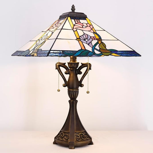 Tiffany Table Lamp Stained Glass Square Pink Flower Mission Style Desk Reading Light 16X16X24 Inch for Bedroom Living Room Home Office