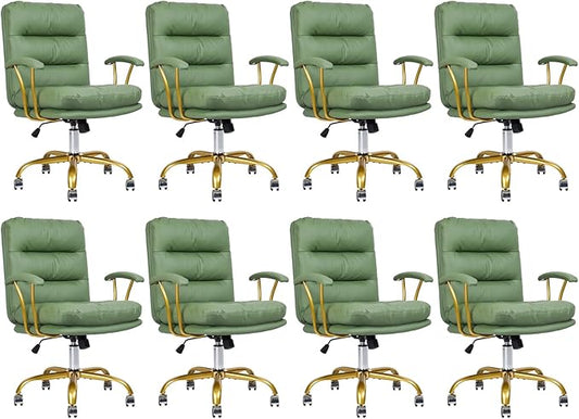 Leather Home Office Desk Chair, Mid-Back Vanity Chair Make Up Chair with Gold Wheels and Armrests, Rolling Swivel Computer Task Chair for Office Bedroom Living Room Girls Women, Green, 8 Pack