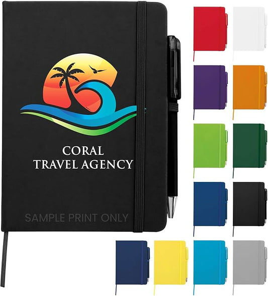 Personalized Notebook Journal – 5” x 7” Customized Notebook with Name, Text or Logo - 100 Page Custom Journal. Leatherette Hardcover & Pen - Black 75 Pack