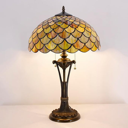 Tiffany Table Lamp Yellow Green Stained Glass Desk Lamp 16X16X24 Inches Fish Scales Style Reading Light