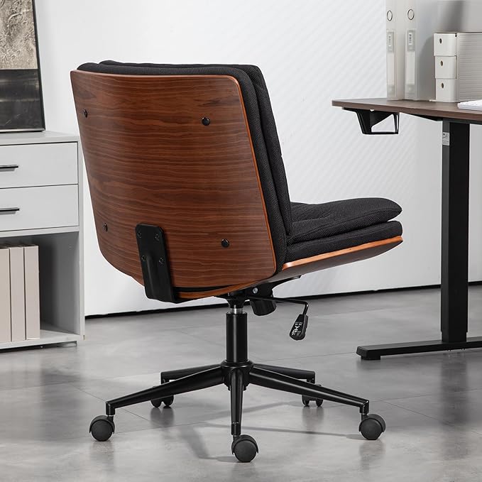 Office Chair, Criss Cross Legged Office Desk Chairs with Wheels, PU Leather Adjustable Wide Swivel Walnut Task Chair with Linen Fabric, Ergonomic Mid Back Computer Chair for Meeting Room, Home