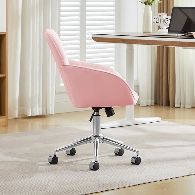 YISHENG Velvet Office Desk Chair with Silver Base, with Wheels,Modern Height Adjustable 360 Degree Swivel Upholstered Vanity Chairs with Arms for Living Room Bedroom,Pink
