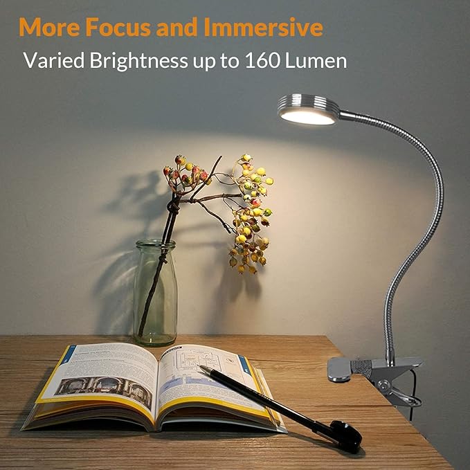LEPOWER Clip on Light/Reading Light/Book Lights/Desk Lamp Color Changeable/Night Lights Clip on for Desk, Bed Headboard and Computers, Adapter Included, Silver