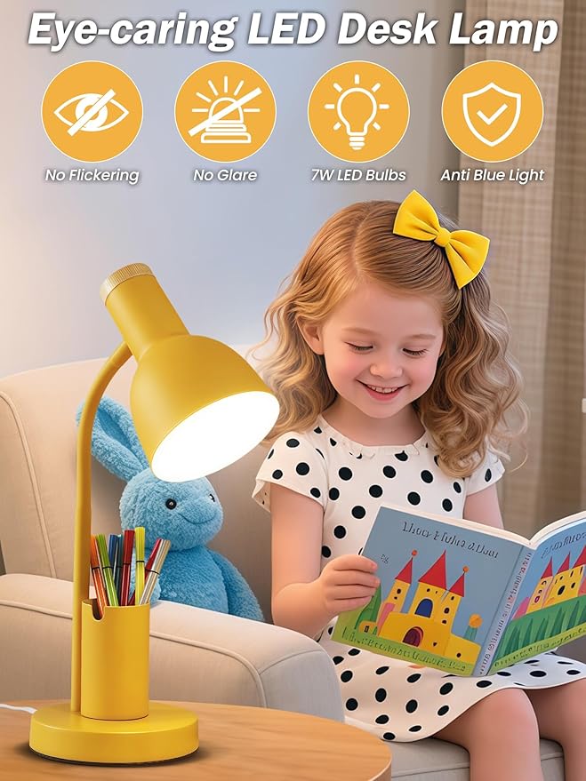 LED Desk Lamp with Pen Holder, Eye-Caring Desk Light 3 Color Modes Reading Light Flexible Gooseneck Metal Study Lamp, Cute Table Lamps for Home Office Bedside Dorm (Yellow lamp)