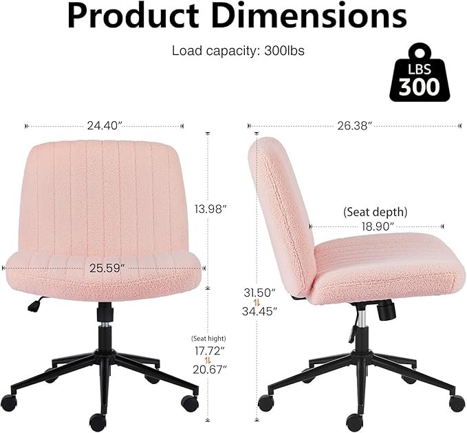 DUMOS Criss Cross Chair with Wheels, Wide Cross Legged Office Desk Vanity Chairs, Armless Adjustable Swivel Chairs for Home Computer Task, Teddy Pink