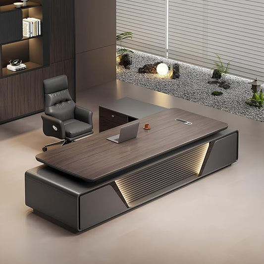 Modern Executive Desk, L Shaped Executive Office Desk with Drawers, Manufactured Wood Computer with Storage Aluminum Alloy Inlaid Curved Surface, Management Working Table (C - Left, L 220cm/86.6in)