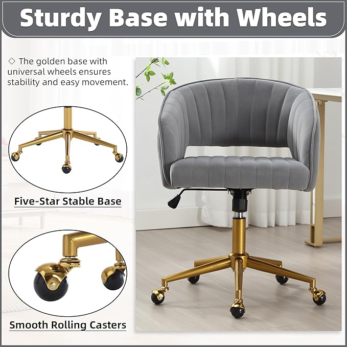 ABET Desk Chair with Wheels, Velvet Home Office Chair, Swivel Armchair Gold Base, Upholstered Modern Accent Chairs, Back Incline Adjustable for Living Room Bedroom Vanity, Grey