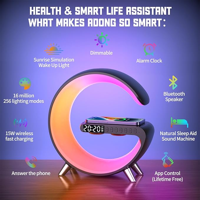 Smart LED Night Light, Wireless Charger, Phone Wireless Charging Dock, Table Bedside Lamp, Sunrise Alarm Clock, Bluetooth Speaker & App Control, Ideal for Bedroom, Home Decor, Birthday, Christmas Gift