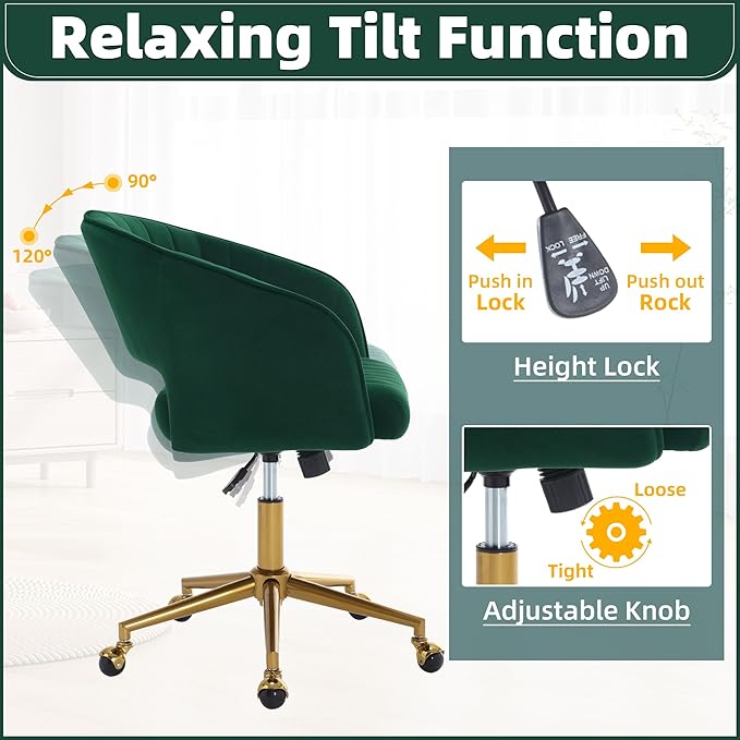 ABET Desk Chair with Wheels, Velvet Home Office Chair, Swivel Armchair Gold Base, Upholstered Modern Accent Chairs, Back Incline Adjustable for Living Room Bedroom Vanity, Dark Green