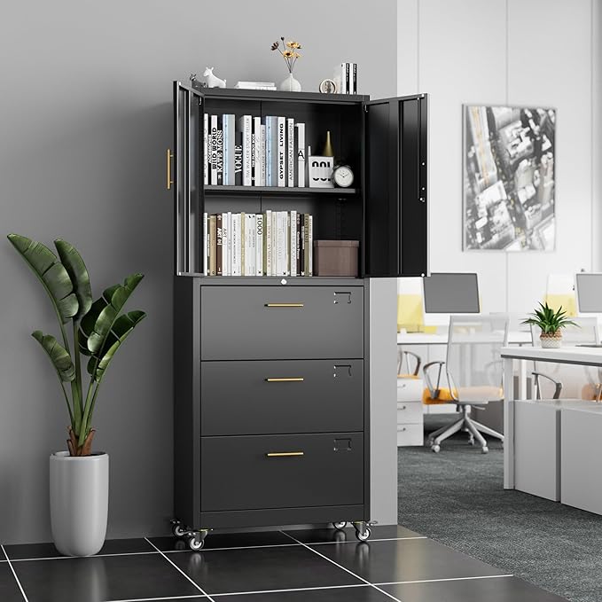 METAN Metal File Cabinet with 3 Drawers and 1 Shelves,Office Filing Cabinet on Wheels with Lock,Office Storage for Letter/Legal Size,Assembly Required,Black
