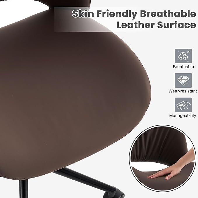 Rowill Armless Office Desk Chair, Ergonomic PU Leather Modern Task Chair with Back Adjustable Height, 360° Swivel Vanity Chairs with Wheels for Small Space, Home Office, Bedroom, Brown