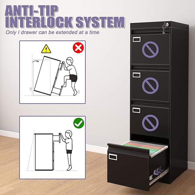 4 Drawer Metal File Cabinet with Lock, Black Lockable Filing Cabinets, Vertical Small File Cabinet with Key, Under Desk Filing Cabinets for Home Office
