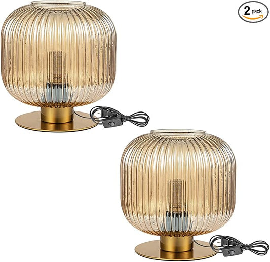 Mid Century Glass Table Lamps Set of 2, Vintage Table Lamp Gold Bedside Lamp Amber Globe Nightstand Lamp, Side Table Lamp Decorative Desk Lamp for Bedroom Living Room Office
