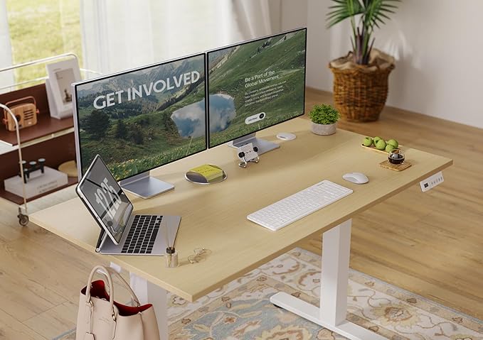 Seang Electric Standing Desk Adjustable Height, 55 x 24 Inch Sit Stand Desk with T-Shaped Frame, 3 Memory Presets & Cable Management for Home Office Computer Workstation, White Frame/Nature Top