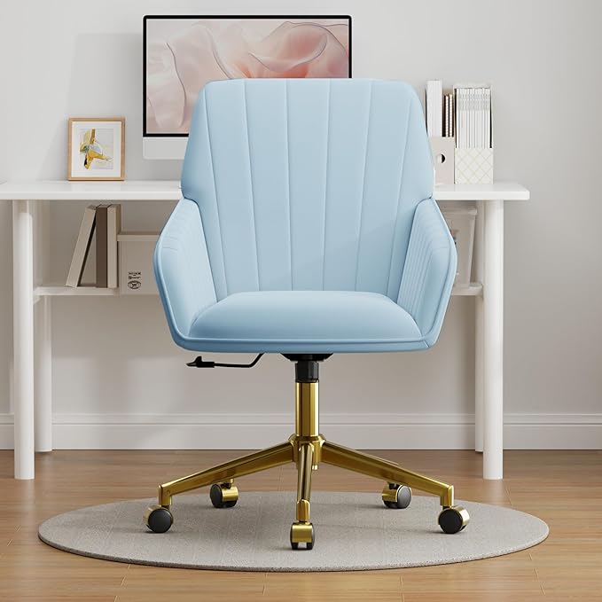 YISHENG Velvet Office Desk Chair with Gold Base, with Wheels,Modern Height Adjustable 360 Degree Swivel Upholstered Vanity Chairs with Arms for Living Room Bedroom,Sky Blue