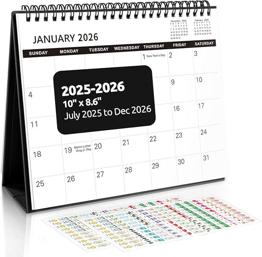 SKYDUE Desk Calendar 2025-2026, Jul 2025 to Dec 2026, 18 Months Small Desk Calendar with Planner Stickers, 10" x 8" Desktop Calendar Planner, Black