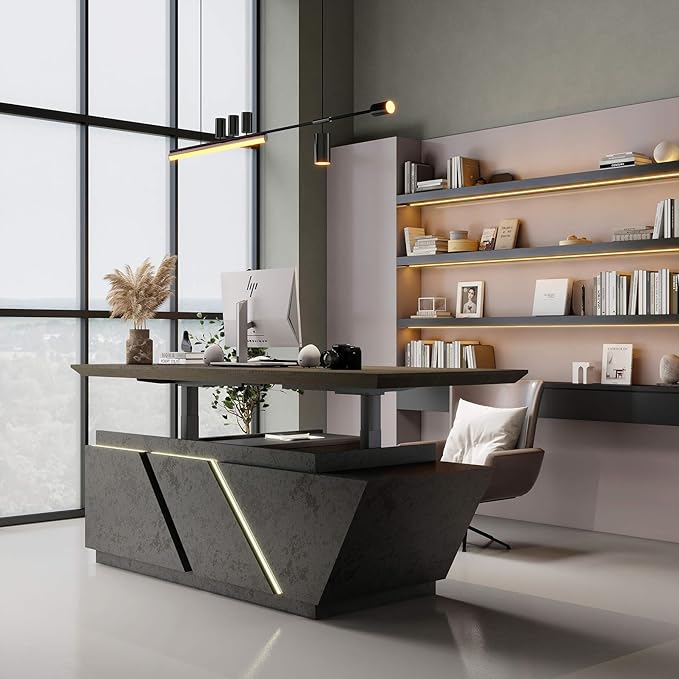 86.61IN Modern Executive Desk - Adjustable Height L-Shaped Executive Desk with Drawers & File Cabinet, Black Luxury Home Office Desk, Standing Desk Business Workstation with Universal Charging Ports