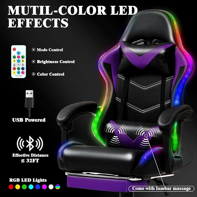 RGB LED Lights Gaming Chair with Footrest for Adults and Kids, Lumbar Support Massager Video Game Chair, High Back Reclining Gamer Chair with Headrest, Swivel Office Computer Desk Chair(Purple)