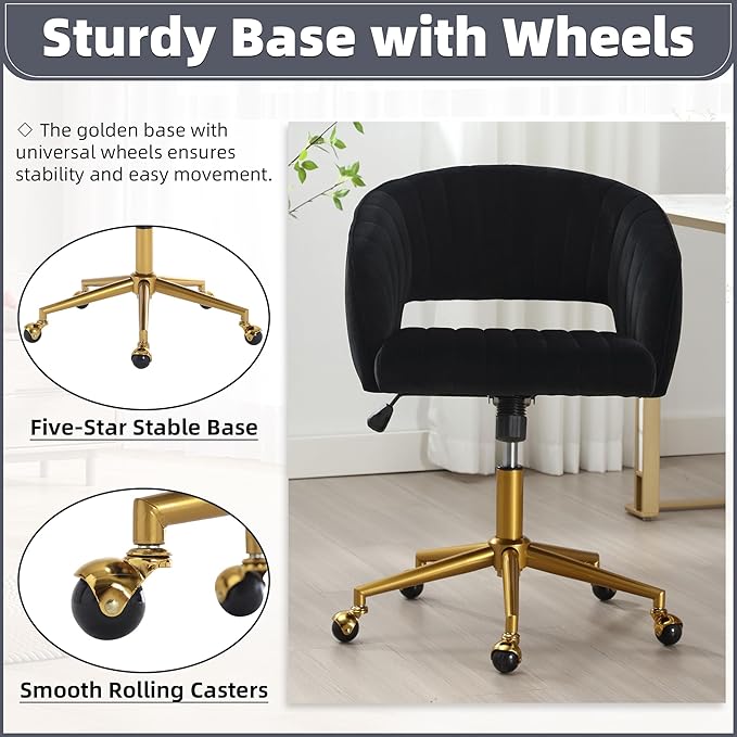 ABET Desk Chair with Wheels, Velvet Home Office Chair, Swivel Armchair Gold Base, Upholstered Modern Accent Chairs, Back Incline Adjustable for Living Room Bedroom Vanity, Black