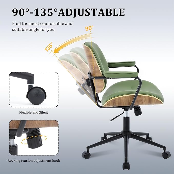 BV Mid Century Modern Office Chair Set of 1, Swivel Rolling Deak Chair with Armrests and Walnut Back, Adjustable Desk Chair for Home Office, Green