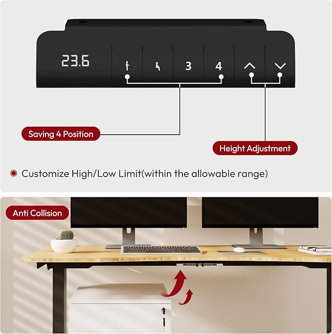 Height Adjustable Standing Desk 3 Stages Dual Motor Stand Up 48” Whole-Piece Bamboo Desktop Computer Desk, Electric Sit-Stand for Home Office(Black Frame/ 48” x 24” Curved Natural Bamboo Top)