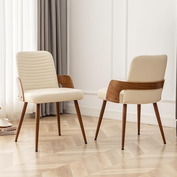 Dining Room Chairs,Mid Century Modern Kitchen Chair,Upholstered Faux Leather Accent Chairs,Metal Legs Wooden Desk Chair,Armless and No Wheels for Kitchen Dining,Beige PU,1PCS