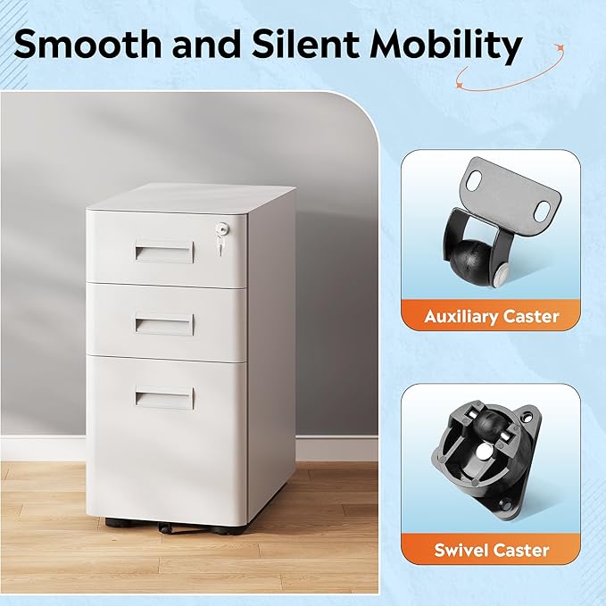 DEVAISE 3-Drawer File Cabinet, White Locking File Cabinet on Wheels, Fully Assembled Mobile Filing Cabinet for Office, 17.7" D x 11.8" W x 22.8" H