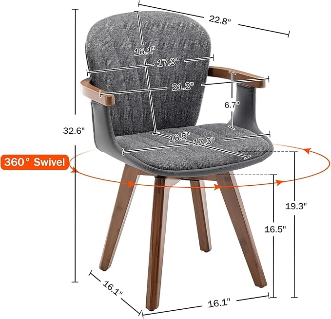 LUNLING Swivel Dining Chairs Set of 4, Mid Century Modern Gray Fabric+Faux Leather Kitchen Chairs with Arms,Bamboo Legs Side Chairs No Wheels,Accent Chair for Dining Rooms and Offices(Gray Fabric)