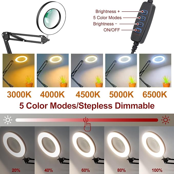 Lighted Magnifying Glass with Light and Stand, 12X Magnifier with Light Hands Free, 5 Color Modes LED Work Lighted, 2-in-1 Magnifying Lamp for Reading Craft Hobby Painting Sewing Close Work