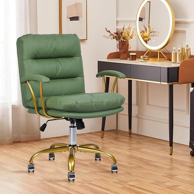 Leather Home Office Desk Chair, Mid-Back Vanity Chair Make Up Chair with Gold Wheels & Removable Armrests, Rolling Swivel Computer Task Chair for Office Bedroom Living Room Girls Women, Green