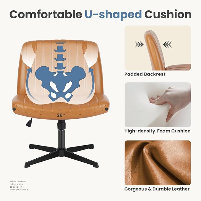 DUMOS Desk Chair No Wheels, Criss Cross Chair Wide Cross Legged Office Desk Vanity Chair, PU Leather Armless Adjustable Swivel Chairs for Home Computer Task Brwon