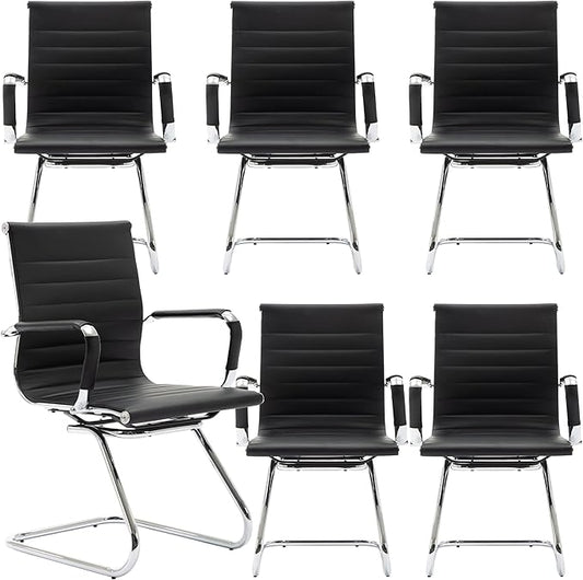 Black Office Desk Chair No Wheels Set of 6 PU Leather Computer Chairs Mid Back Guest Chairs for School Reception Conference Waiting Room, Black