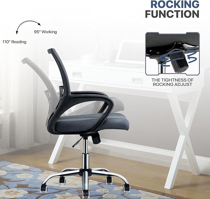 MoNiBloom Mesh Home Office Chair, Mid Back Ergonomic Rolling Swivel Chair with Lumbar Support and Armrest, 250 lbs Capacity, Grey