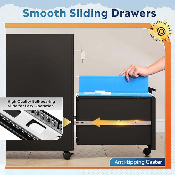 DEVAISE 2 Drawer File Cabinet with Fence, Metal Mobile Filing Cabinet Under Desk, Home Office Furniture fits Legal/A4/Letter Size, 17.7" D x 15.4" W x 25" H, Black