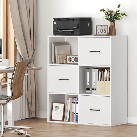 White Filing Cabinet, 3-Drawer Vertical File Cabinet, 3 Tier Bookshelf, Modern Lateral Office Cabinet, Office Storage with Adjustable Hanging Rods for A4/Letter Files, White FCWT9001