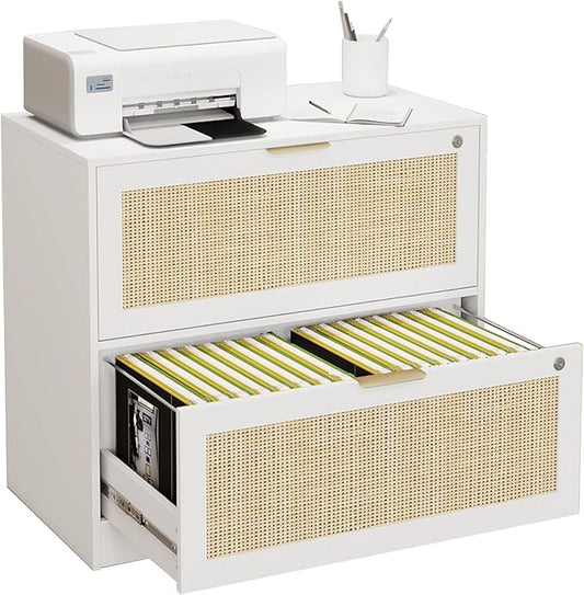 HOPUBUY 2 Drawer File Cabinet with Lock, Printer Stand Lateral Filing Cabinets for Home Office and School, Wood Rattan File Cabinet for Hanging Files/Letter/Legal/A4/F4 Size, White
