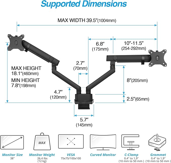AVLT Laptop and Monitor Arm - Mount 15.6" Notebook and 38" Monitor on 2 Full Motion Adjustable Arms - Organize Your Work Surface with Ergonomic VESA Monitor Mount