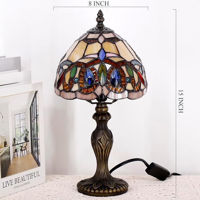 Small Tiffany Lamp Stained Glass Table Lamp Mini Desk Accent Light for Bedroom Bedside Reading Home Antique Style Decor 8X15 Inches (Serenity Victorian)