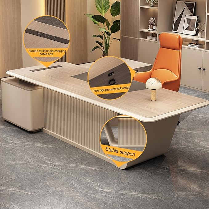 102IN Executive Desk with Drawers - L-Shaped Executive Desk with Large-Capacity Storage & Grille Baffle Design & Wide Desktop & Round Table Corners