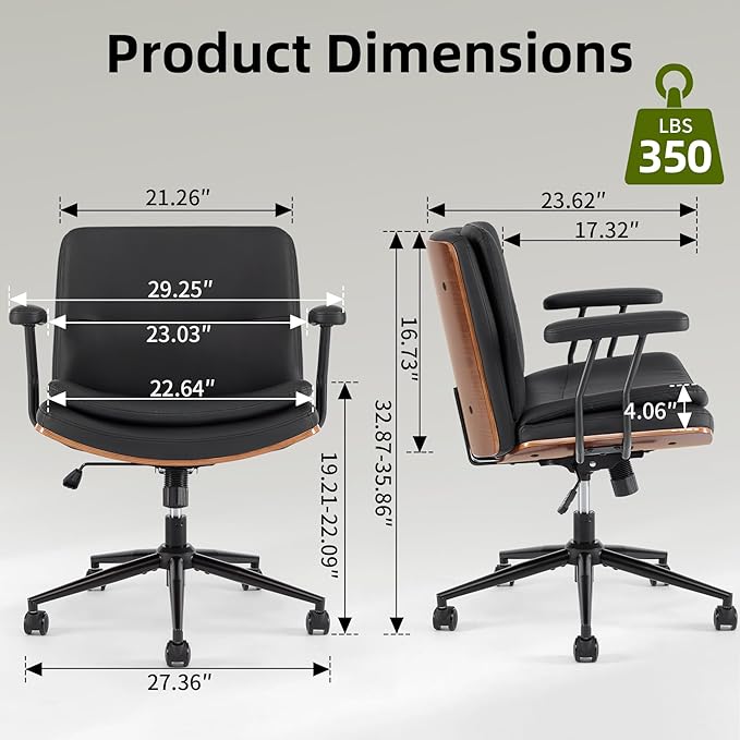 Criss Cross Chair with Armrests & Wheels, PU Leather Adjustable Swivel Walnut Task Chair with Wide Seat, Ergonomic Mid Back Computer Office Desk Chairs for Meeting Room, Home