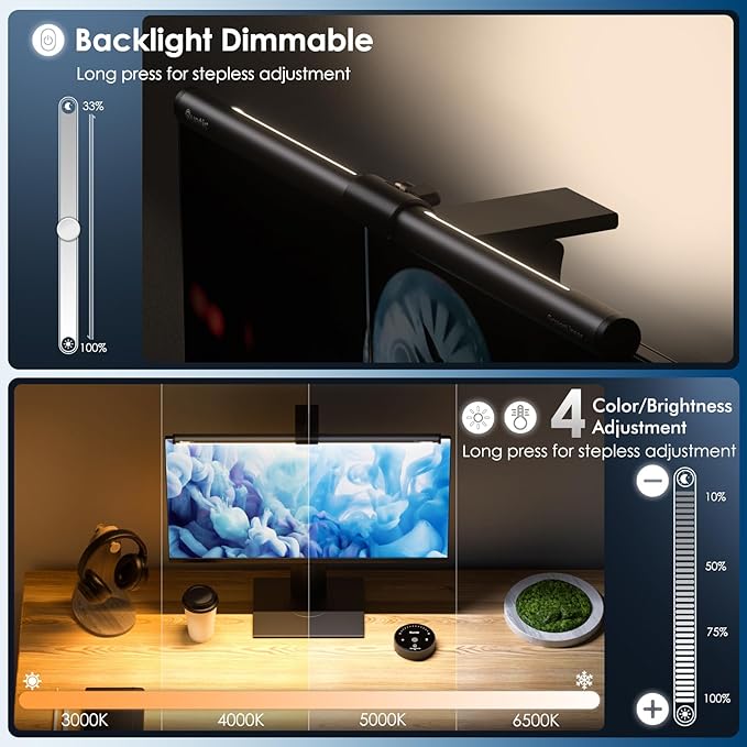 Quntis Computer Monitor Light Bar with Remote, Eye-Care Monitor Light Backlight Desk Lamp for Home Office Gaming, Stepless Dimming Brightness and Color Temperature, No Screen Glare, Gray