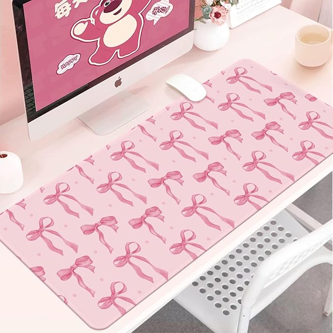 Large Mouse Pad, Pink Bow Desk Mat Gaming Mouse Pad 31.5 x 11.8in for Laptop Computer PC, Non-Slip Rubber Base Cute Bows Mousepad Office Accessories Desktop Decor Bow Coquette Mat for Girls