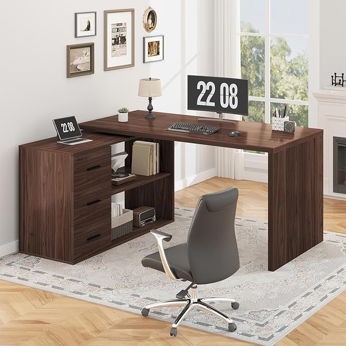 HSH 360 Rotating L Shaped Desk with Drawers, Walnut L Shape Computer Desk with Storage Cabinet Shelves, Rustic Home Office Desk for Executive Writing Study Work, Swivel Desk Wood Table, 55 Inch