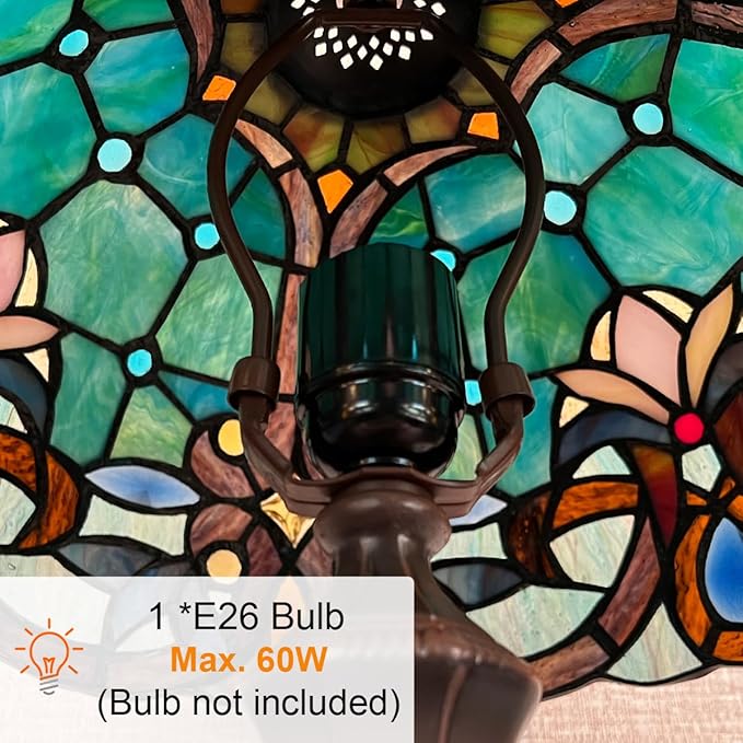Tiffany Table Lamp,Green Stained Glass Table Light,Antique Style Medium Size Desk Lamp Vintage Bedside Reading Lamp for Living Room Bedroom Office